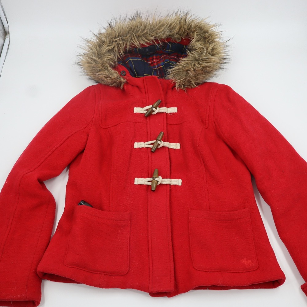 Abercrombie & Fitch Toggle Duffle Coat Women Large Red Faux Fur Hood Plaid Lined
